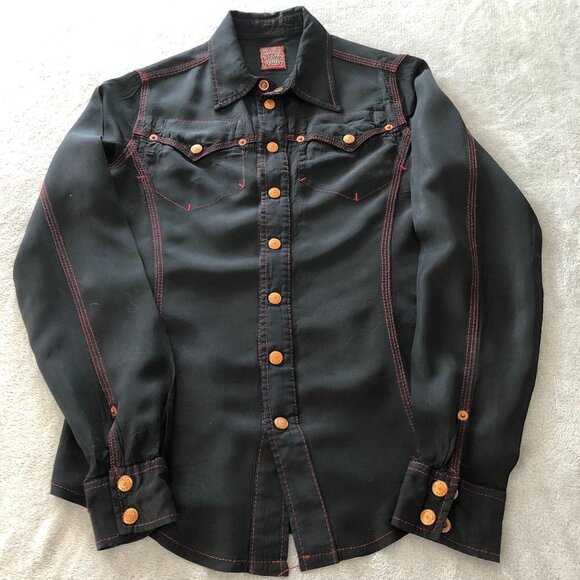 VTG Jean Paul Gaultier Jeans Black With Red Stitching Long Sleeve Snap Shirt - Picture 3 of 16
